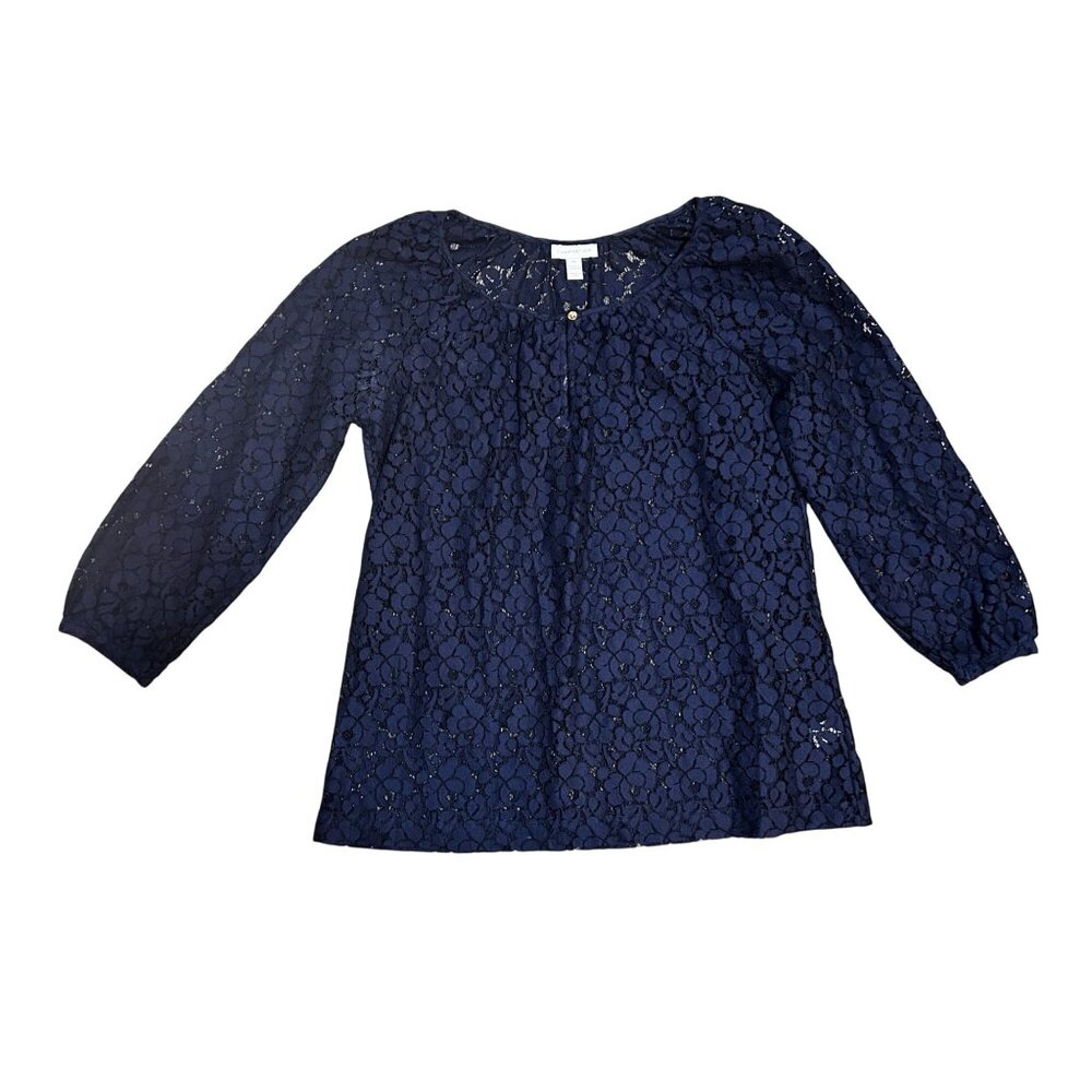 Charter Club Womens Navy Blue Lace Top M 3/4 Sleeve Round Neck 1673